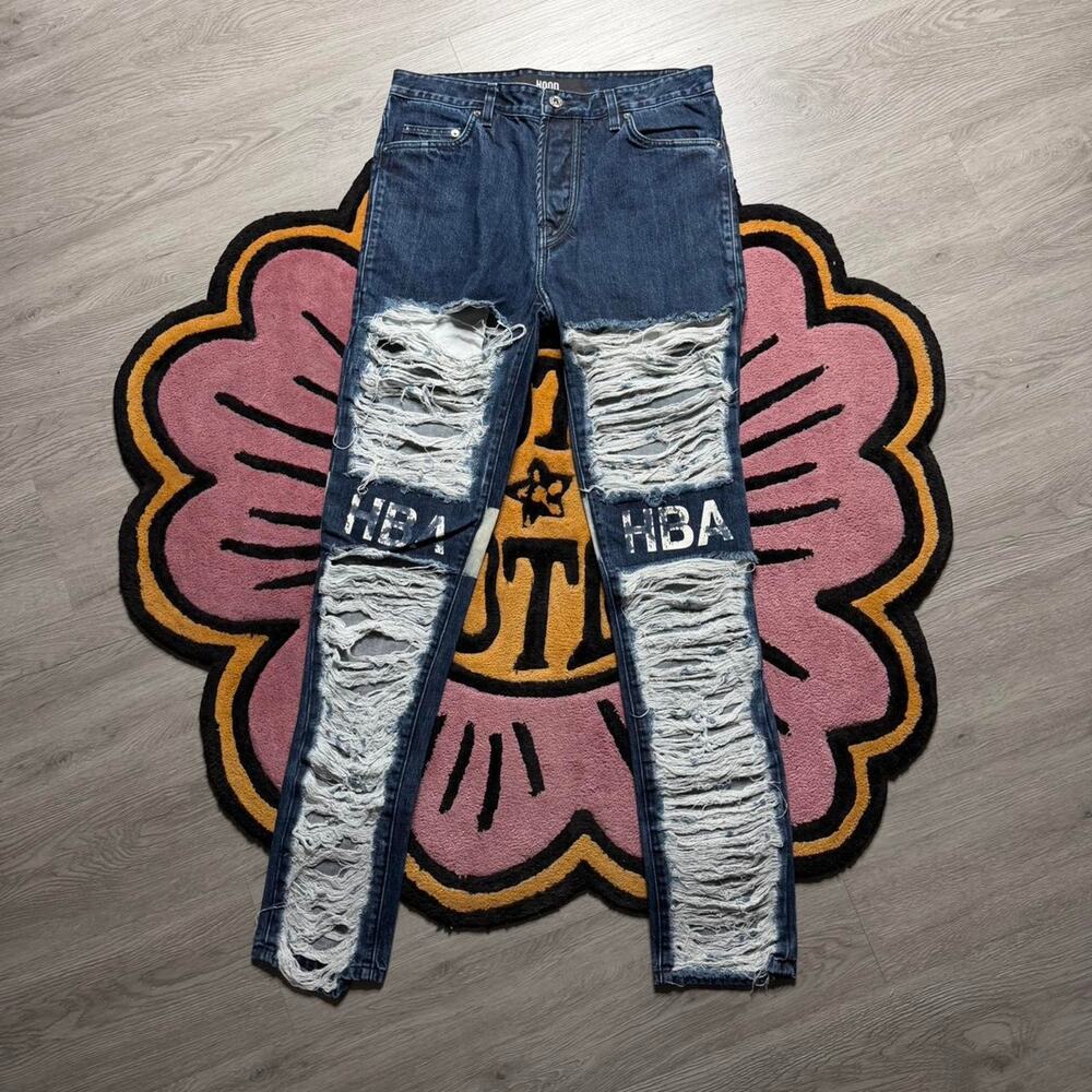 HBA Hood By Air Distressed Shredded Slim Skinny Denim Jeans Size 34 Blue